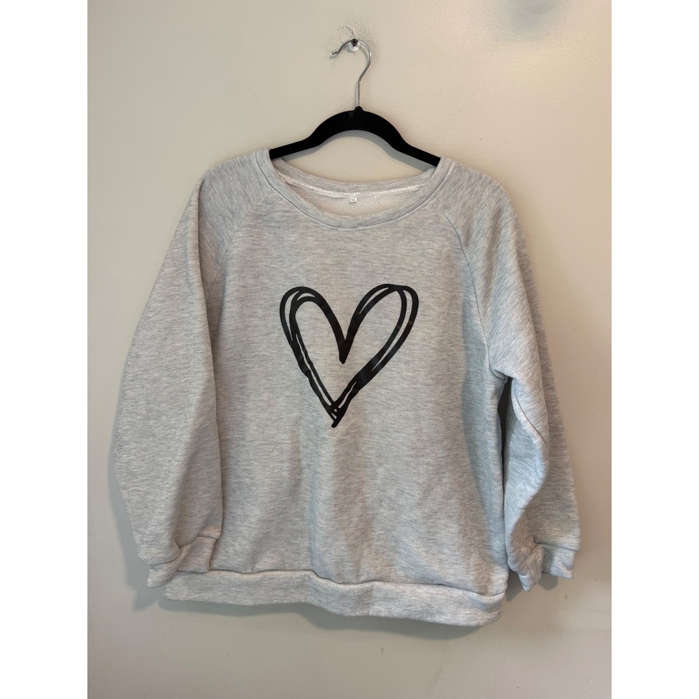 Unbranded Grey Heather Heart Graphic Raglan Sweatshirt XL Fleece Lined Pullover